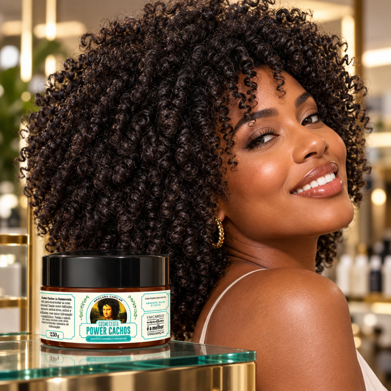 Cabelo crespo nutrido com Máscara Power Cachos COSMECEUTA