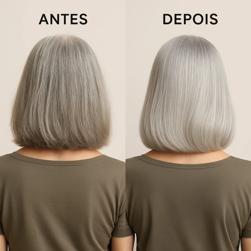 Antes e depois da Máscara Roxa Vegana COSMECEUTA Blond Matizante em cabelos grisalhos – neutralização do amarelado e brilho prateado