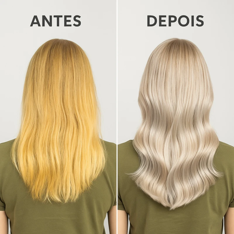 Antes e depois da Máscara Roxa Vegana COSMECEUTA Blond Matizante em cabelos loiros – tom frio mais uniforme e luminosidade
