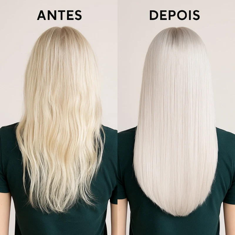 Antes e depois da Máscara Roxa Vegana COSMECEUTA Blond Matizante em cabelos platinados – correção do amarelado e efeito platinado