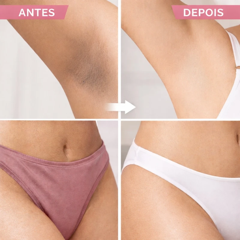 Antes e depois do uso do Sabonete Esfoliante Clareador Labotrat nas regiões da axila e virilha, mostrando melhora visível no tom e textura da pele
