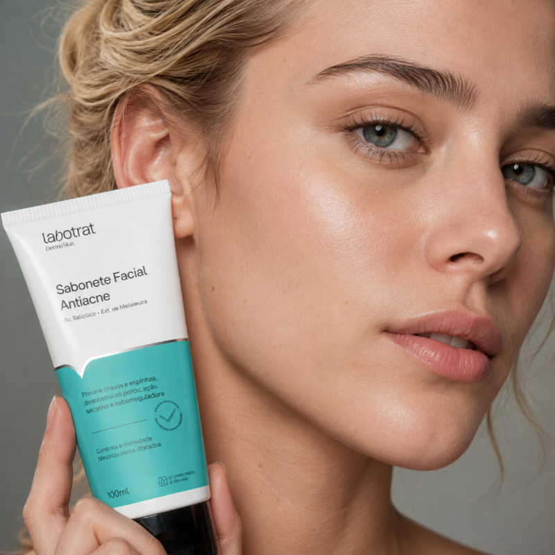 Sabonete Facial Antiacne LABOTRAT 100ml ajudando a desobstruir os poros da pele mista e oleosa