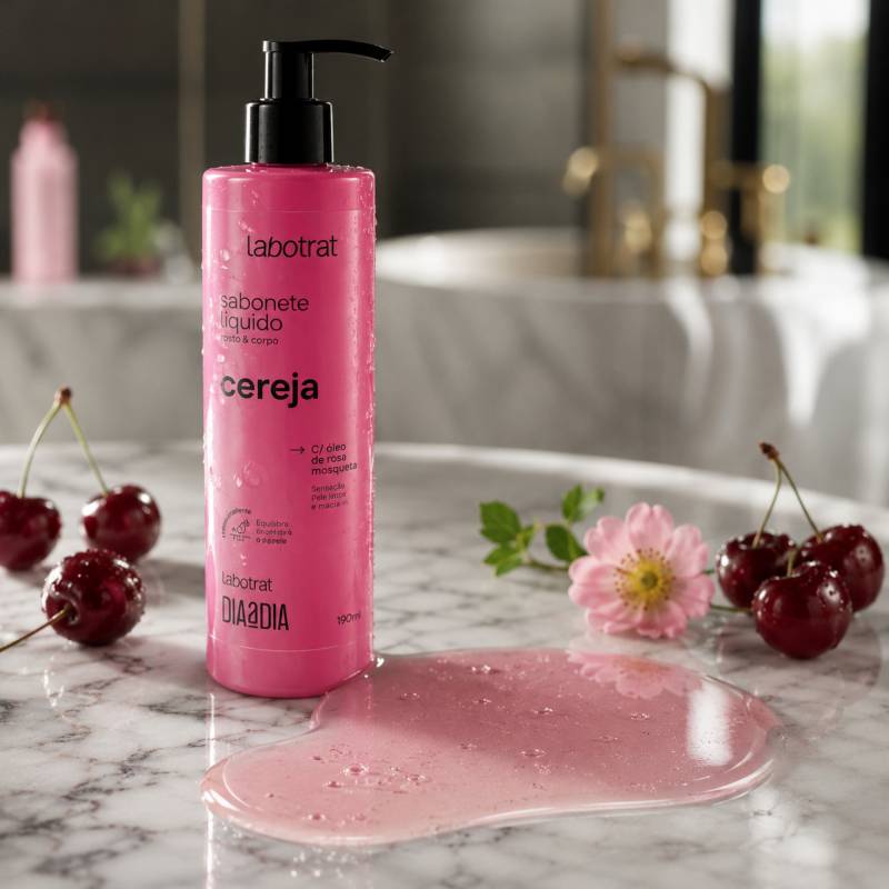 Sabonete Líquido Rosto e Corpo LABOTRAT Cereja 190ml com textura translúcida rosa e aparência perfumada