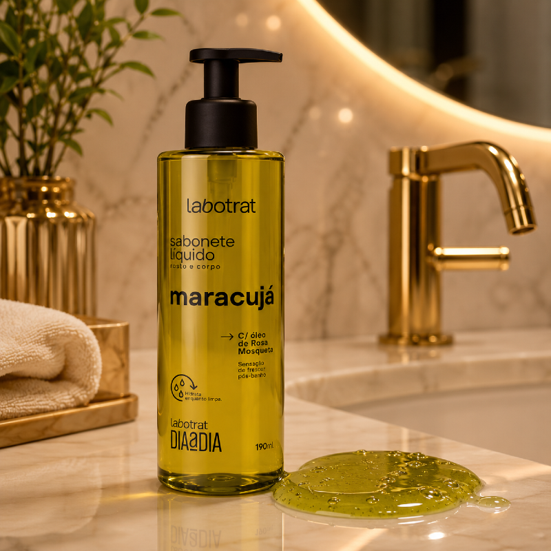 Sabonete Líquido Rosto e Corpo LABOTRAT Maracujá com textura líquida espessa e perolada