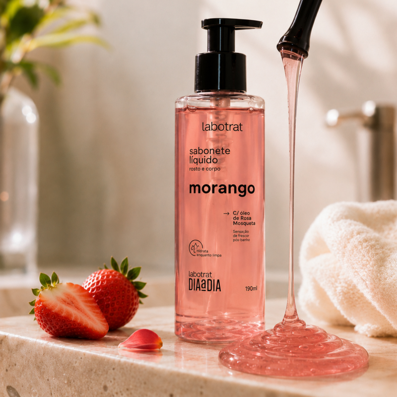 Sabonete Líquido Rosto e Corpo LABOTRAT Morango 190ml com óleo de rosa mosqueta para pele macia
