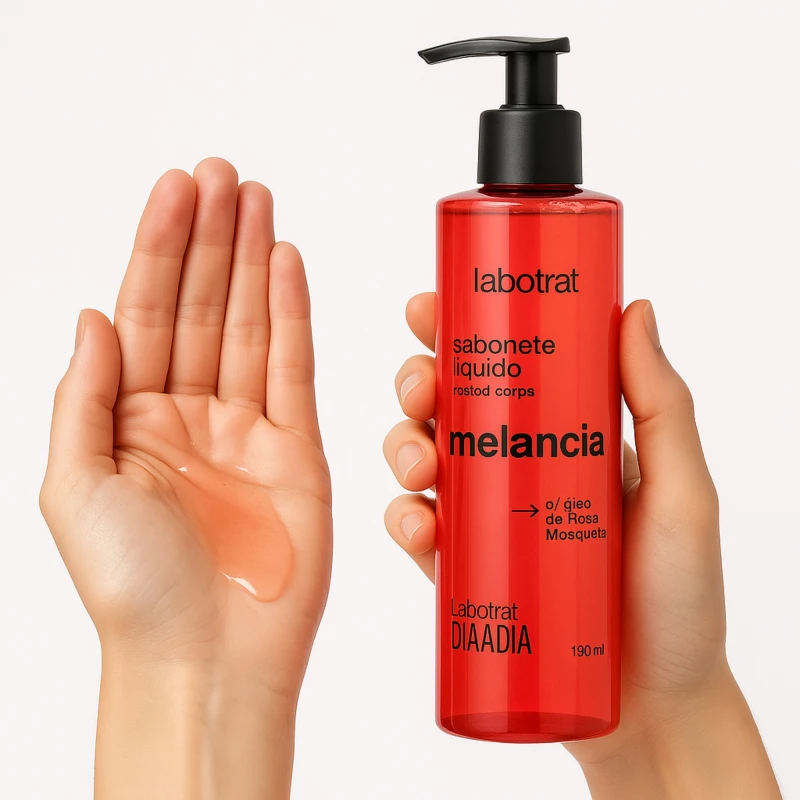 Textura espessa e transparente do Sabonete Líquido Labotrat Melancia para rosto e corpo