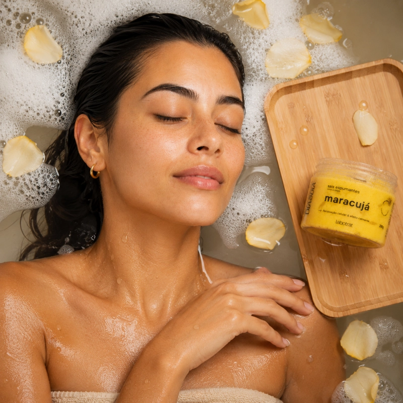 Momento de relaxamento com os Sais Espumantes LABOTRAT Maracujá em ritual de bem-estar