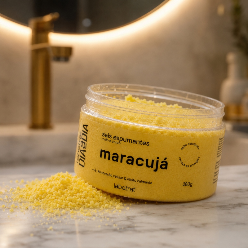 Textura amarela granulada dos Sais Espumantes LABOTRAT Maracujá para esfoliação suave no banho