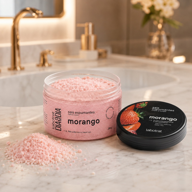 Textura granulada dos Sais Espumantes LABOTRAT Morango, ideal para esfoliação suave no banho