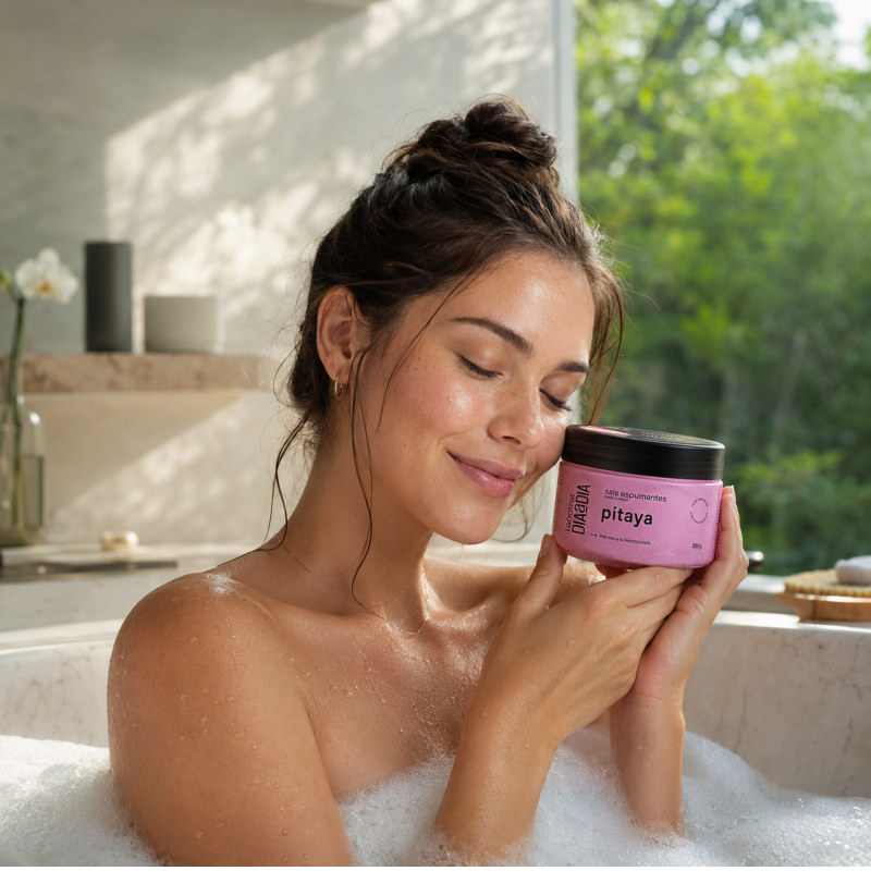 Banho premium com os Sais Espumantes LABOTRAT Pitaya em ambiente de spa sofisticado