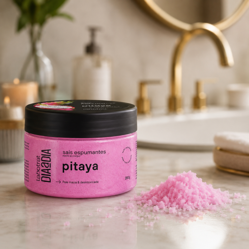 Textura rosa granulada dos Sais Espumantes LABOTRAT Pitaya para esfoliação suave no banho