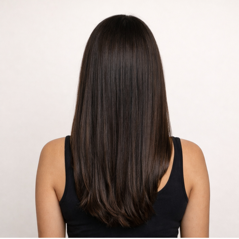 Resultado do Shampoo Cresce Fio BARROMINAS em cabelo moreno visto de costas, com fios mais fortes e aparência saudável