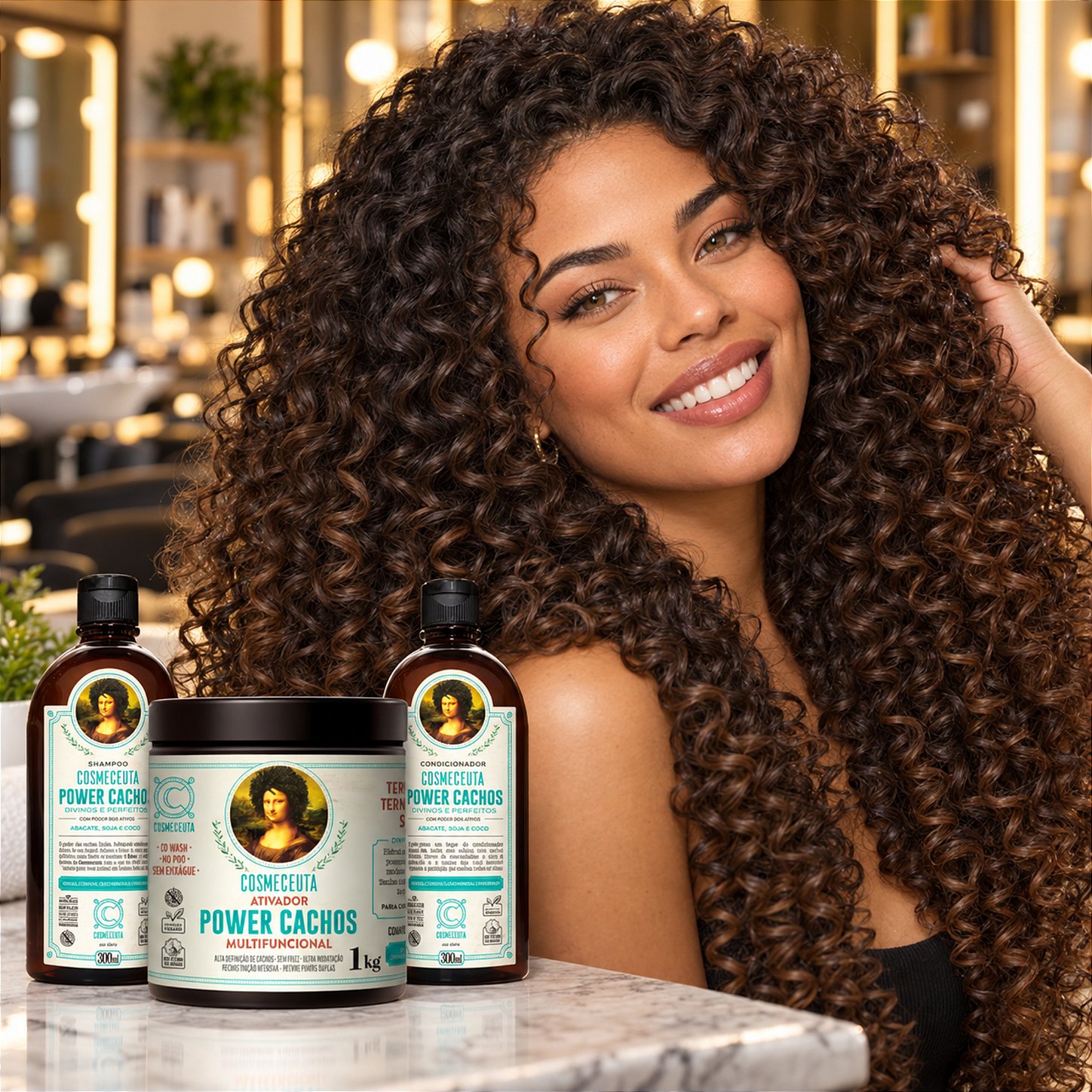Kit Cachos Definidos por Mais Tempo Power Cachos COSMECEUTA com shampoo condicionador e ativador em cabelo cacheado definido e hidratado