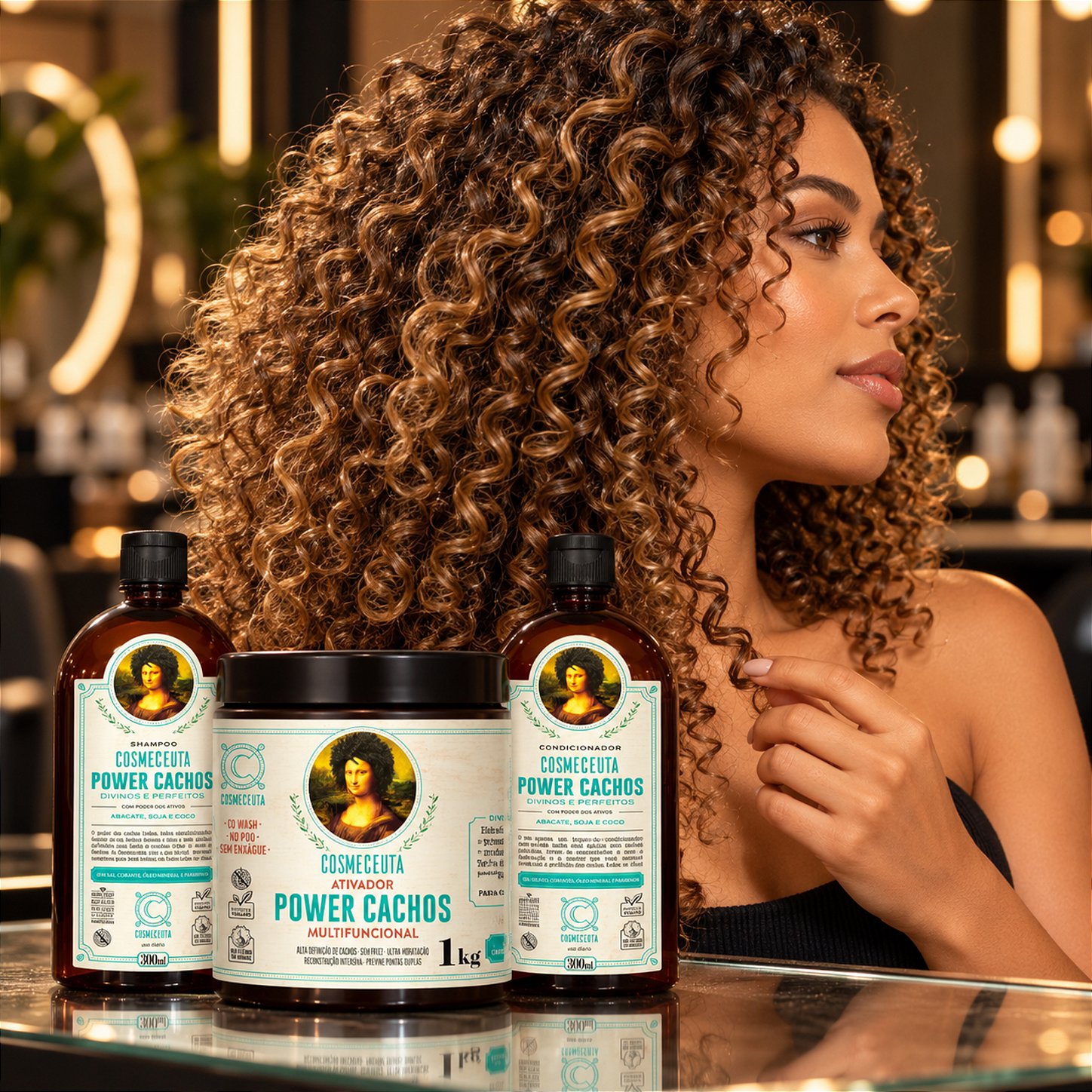 Kit Cachos Definidos por Mais Tempo Power Cachos COSMECEUTA com shampoo condicionador e ativador para cachos soltos macios e fáceis de finalizar