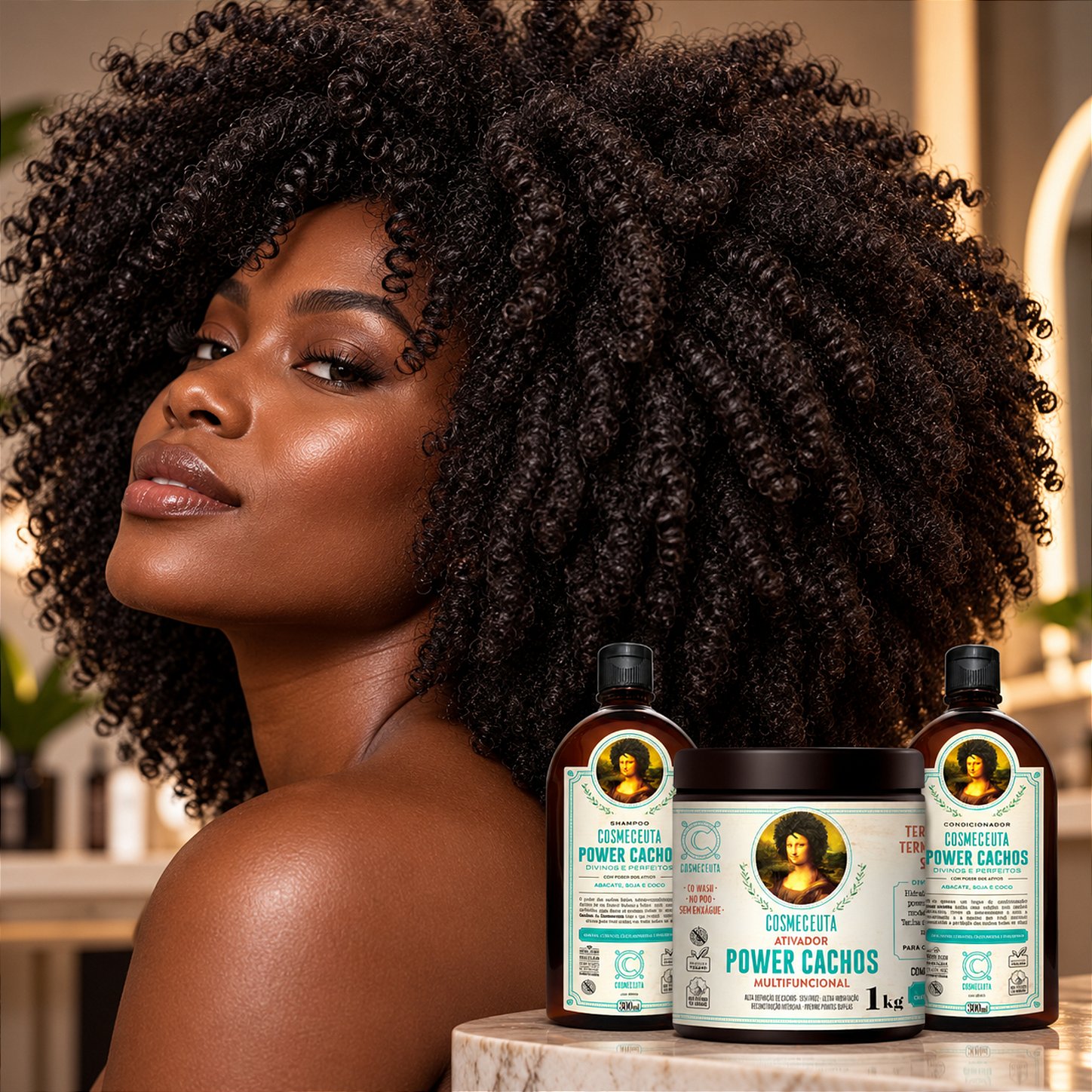 Kit Cachos Definidos por Mais Tempo Power Cachos COSMECEUTA em cabelo crespo hidratado com volume preservado textura natural e definição
