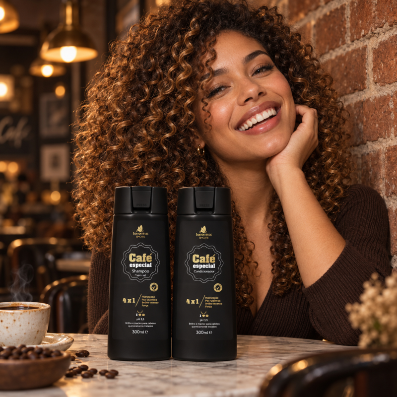 Tratamento Limpeza Suave Pós-Química Café Especial BARROMINAS para cabelo cacheado pós-luzes com desembaraço e brilho