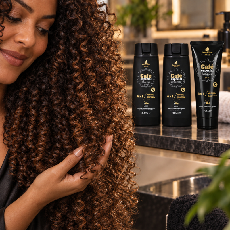 Tratamento Café Especial BARROMINAS com shampoo condicionador e creme para pentear para cachos macios e controlados