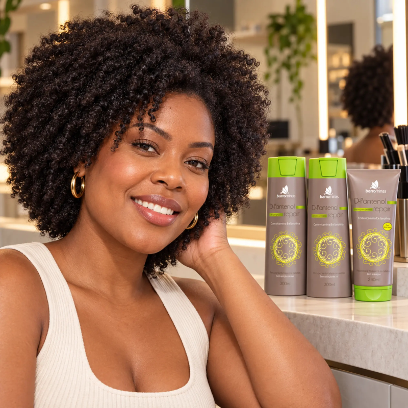 Kit Hidratação e Proteção D-Pantenol BARROMINAS em cabelo crespo com aparência macia hidratada e cuidada