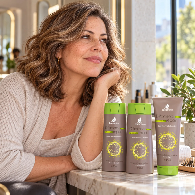 Kit Hidratação e Proteção D-Pantenol BARROMINAS com shampoo condicionador e creme para pentear para proteção solar dos fios