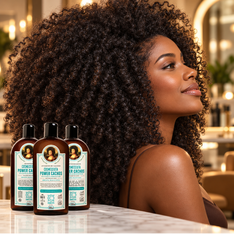 Crespos definidos com shampoo condicionador e leave-in Power Cachos COSMECEUTA