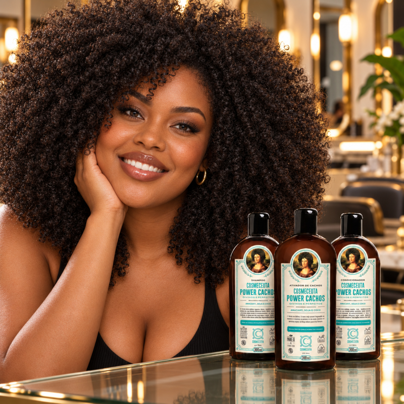 Cabelo crespo com volume e maciez com Kit Hidratação e Proteção Power Cachos COSMECEUTA