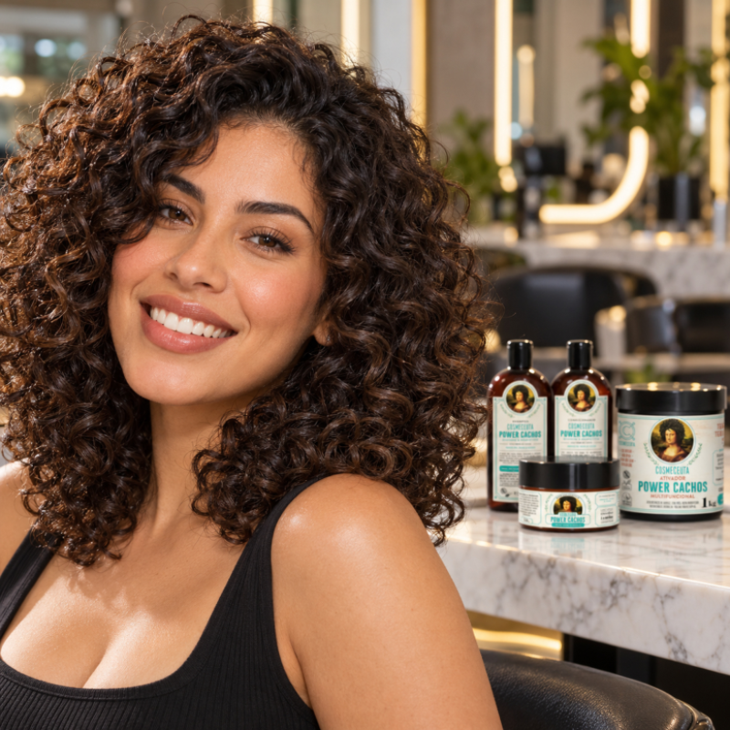 Cachos definidos com o Kit Tratamento, Definição e Ativação Power Cachos COSMECEUTA