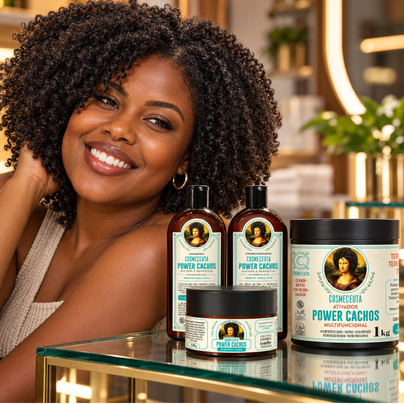 Cabelo crespo volumoso ao lado do kit Power Cachos COSMECEUTA com shampoo, condicionador, máscara e ativador multifuncional