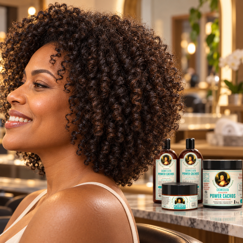 Cabelo crespo com volume natural e kit Power Cachos com máscara e ativador multifuncional de 1kg
