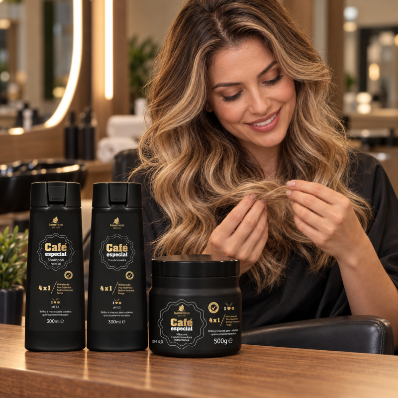 Tratamento Intensivo Pós-Química Café Especial BARROMINAS para cabelo com luzes e pontas ressecadas
