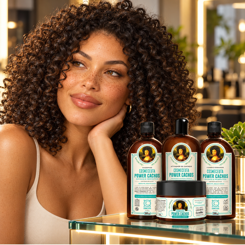 Cachos com frizz reduzido e kit Power Cachos COSMECEUTA com quatro produtos