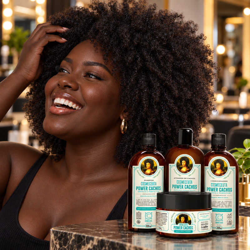Cabelo crespo com volume e maciez ao lado do kit Power Cachos COSMECEUTA