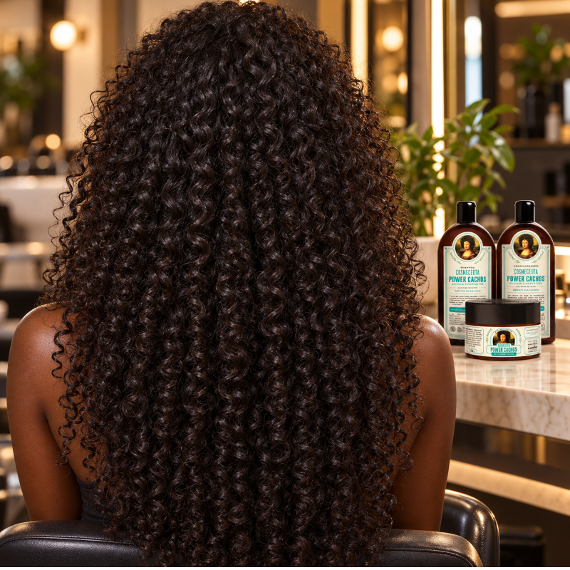 Cabelo cacheado brilhante com shampoo condicionador e máscara Power Cachos COSMECEUTA