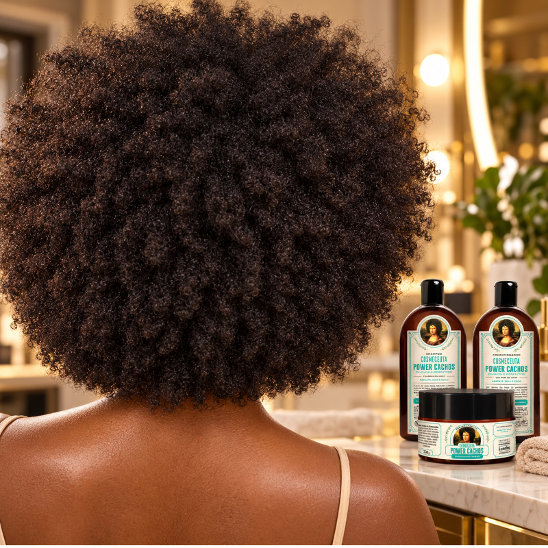 Cabelo crespo com volume e maciez junto ao Kit Nutrição e Força Power Cachos