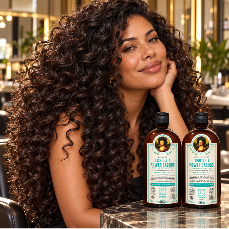 Cachos soltos e brilhantes com Shampoo e Condicionador Power Cachos COSMECEUTA