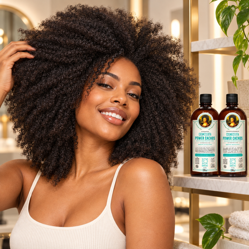 Shampoo e Condicionador Power Cachos COSMECEUTA com cachos volumosos e hidratados