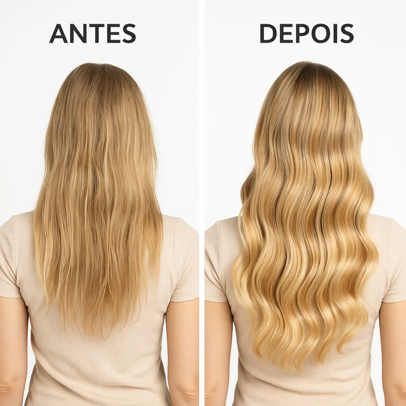 Antes e depois do uso do Kit Shampoo e Condicionador Veganos COSMECEUTA Camomila em cabelos loiros com mechas – mais brilho, maciez e luminosidade