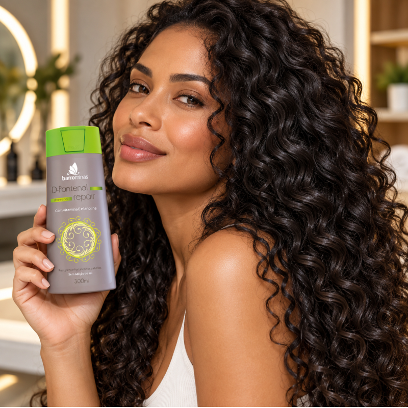 Shampoo D-Pantenol Repair BARROMINAS 300ml com cabelo cacheado hidratado e macio