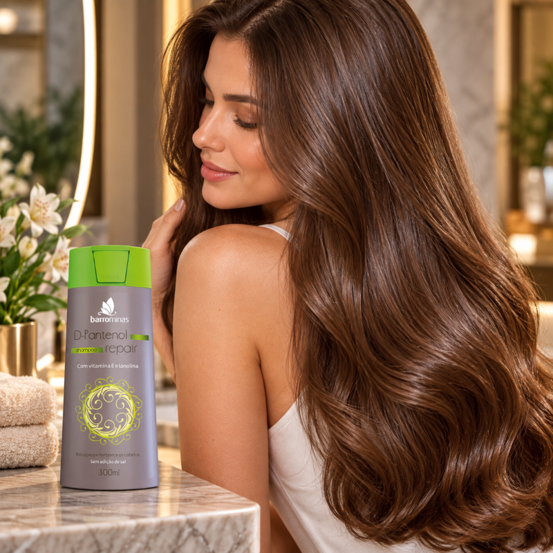 Shampoo D-Pantenol Repair BARROMINAS 300ml com pontas hidratadas e visualmente cuidadas
