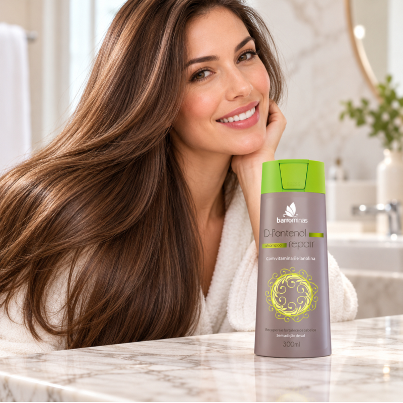Shampoo D-Pantenol Repair BARROMINAS em cabelo limpo, leve, com brilho natural e aparência mais cuidada