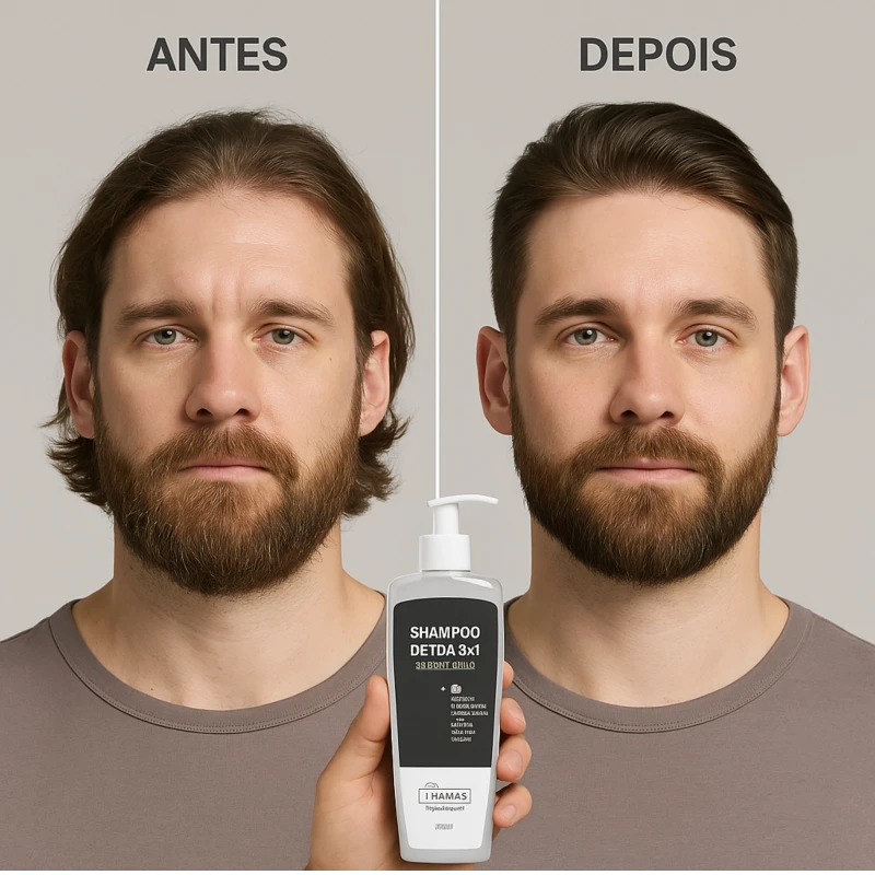 Antes e depois do Shampoo Detox 3 em 1 MR THOMAS Men Care em cabelo masculino – fios mais leves e com brilho natural