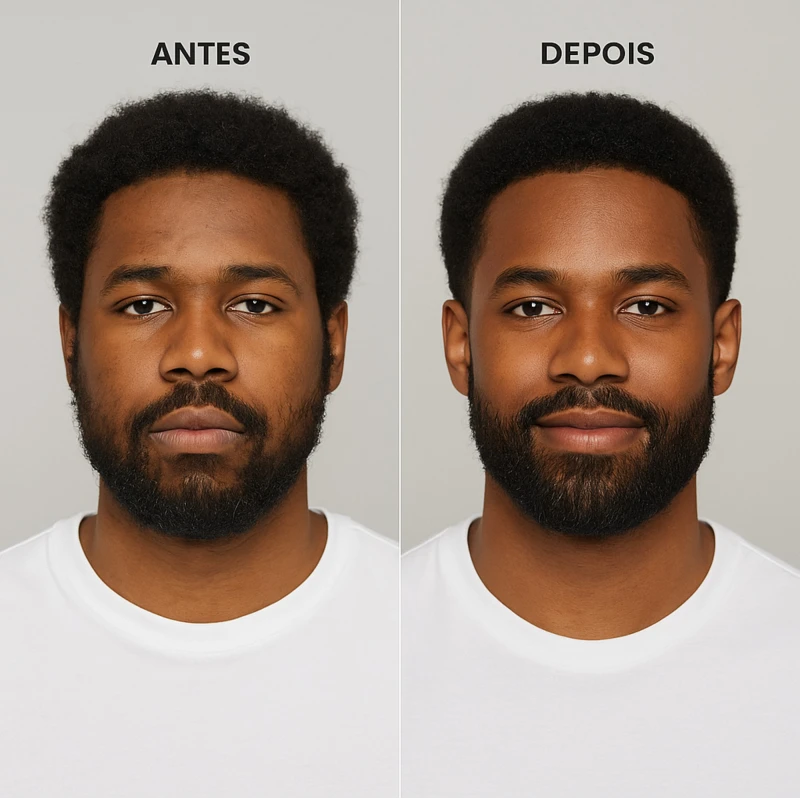 Antes e depois do Shampoo Detox 3 em 1 MR THOMAS Men Care em cabelo masculino moreno – resultado de limpeza e frescor