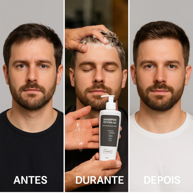 Comparativo antes durante e depois do uso do Shampoo Detox 3 em 1 MR THOMAS Men Care – cabelo, barba e corpo limpos e revitalizados