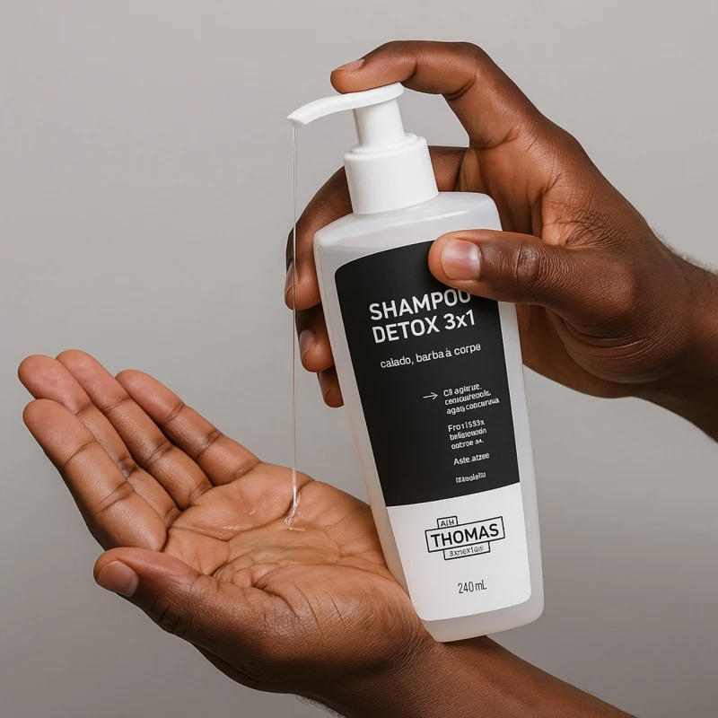 Textura líquida cristalina do Shampoo Detox 3 em 1 MR THOMAS Men Care para cabelo, barba e corpo