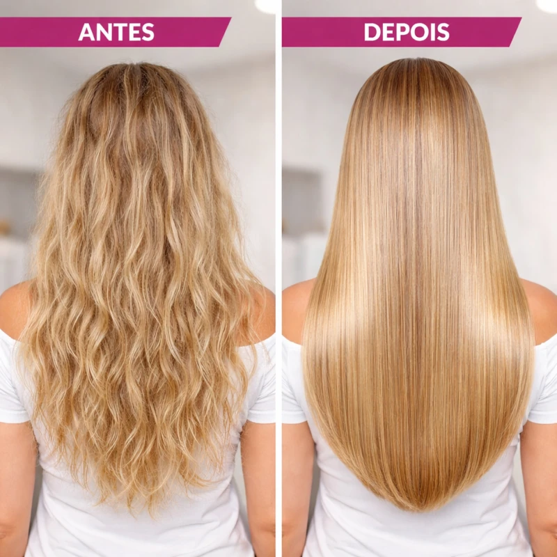 Antes e depois do uso do Shampoo BARROMINAS Liso Que Te Quero em cabelo loiro com volume