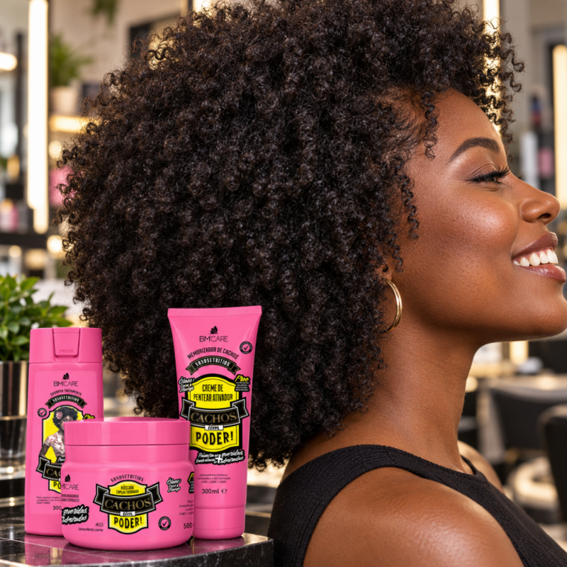 Kit Restauração e Definição Cachos têm Poder! BARROMINAS com cabelo crespo finalizado e cachos definidos