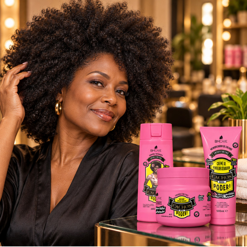 Kit Restauração e Definição Cachos têm Poder! BARROMINAS com cabelo crespo de aspecto hidratado e cuidado