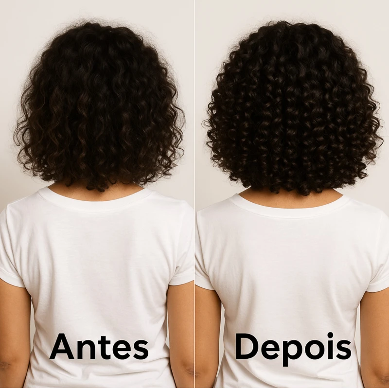 Cabelos cacheados com queda e fios fracos – antes e depois do Shampoo Vegano COSMECEUTA Crescimento