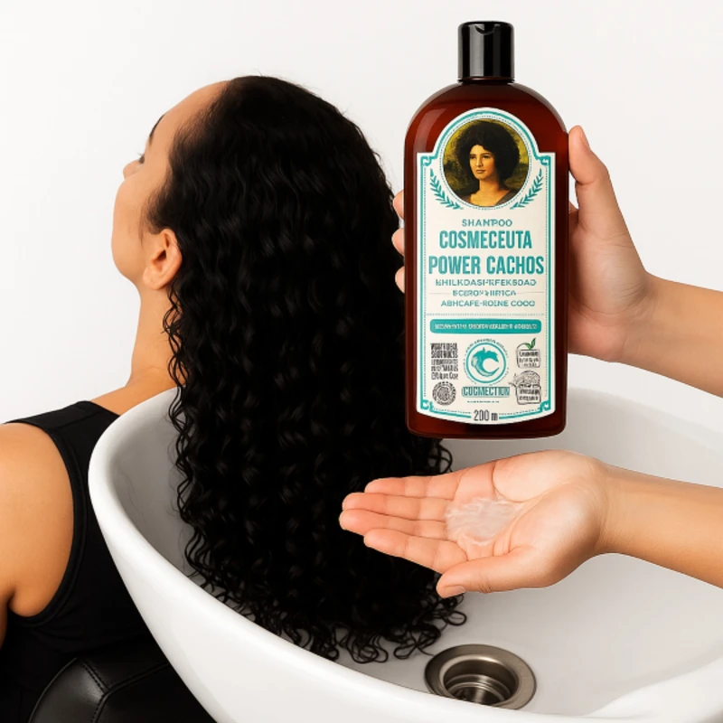 Shampoo Vegano COSMECEUTA Power Cachos – textura líquida para limpeza suave dos cabelos cacheados