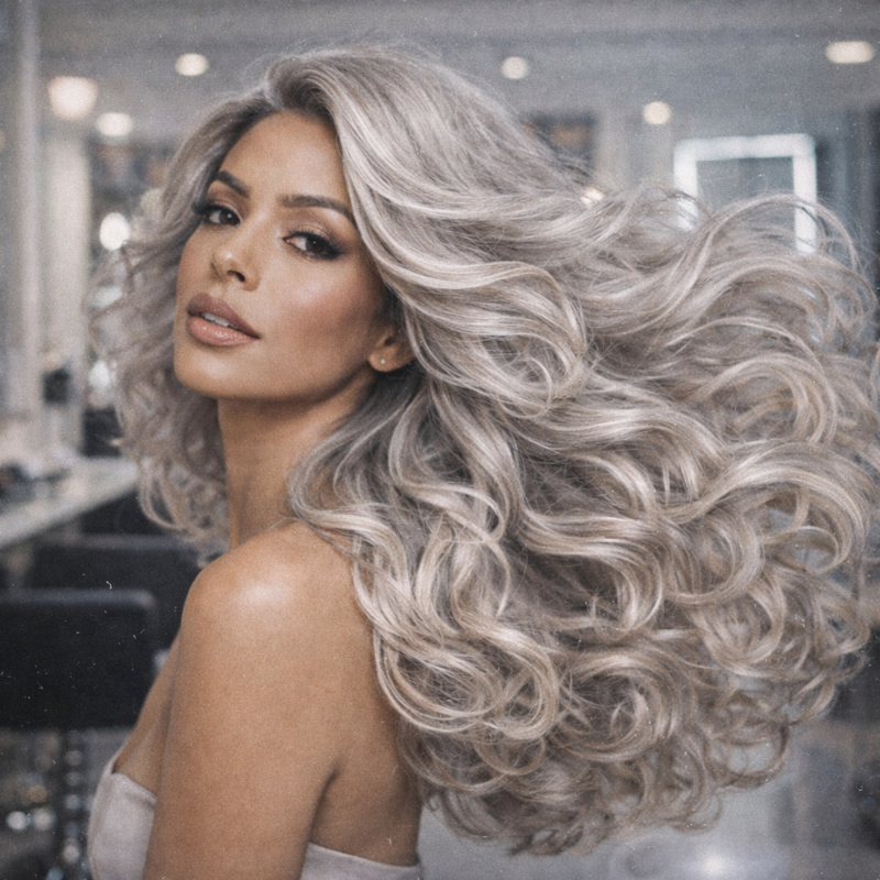 Cabelo cacheado 3A loiro acinzentado em modelo latina madura com tonalização K.Pro Caviar Color 11.01 e brilho elegante