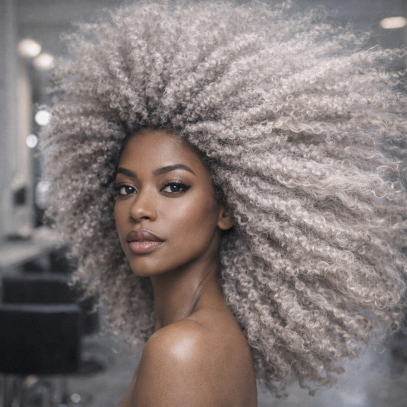 Cabelo crespo 4B volumoso em tom loiro fumê perolado com tonalizante sem amônia K.Pro Caviar Color 11.01